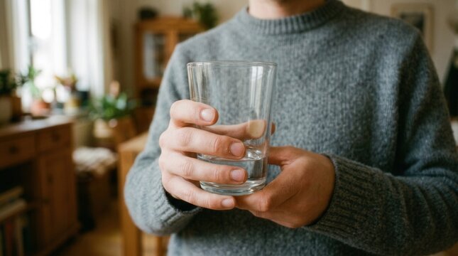 Beautiful Asian woman holding a glass of water in close-up shot. Closeup image young