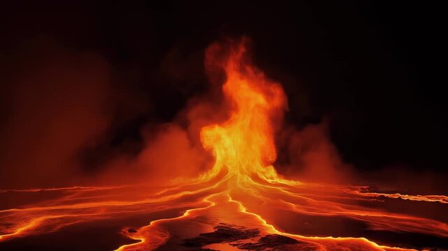 Fiery volcanic lava eruption with glowing molten flow in dark night