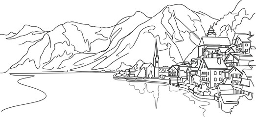 Fototapeta premium Hallstatt Austria One Line Drawing with Alpine Village and Mountain Landscape Outline Illustration