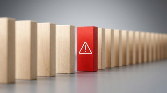 Business risk and error detection concept showing one red block with a warning triangle amidst a line of wooden blocks.
