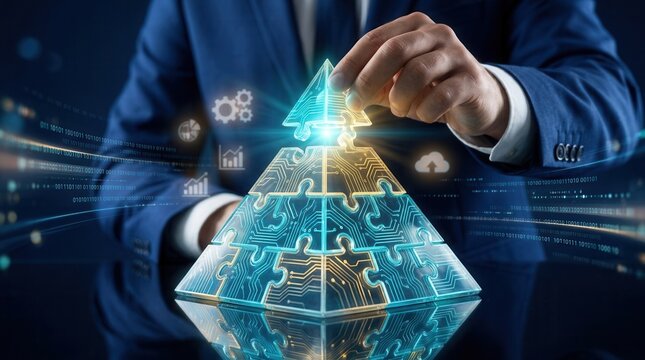 Businessman assembling a futuristic glowing puzzle pyramid with data streams for digital strategy.