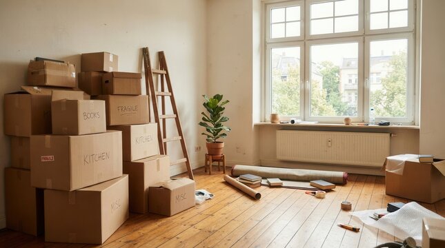 Cardboard Boxes Ready for Moving Day in Empty Room with Wooden Floor