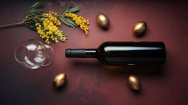 Top view flat lay of dark wine bottle with empty glass golden Easter eggs and yellow mimosa flowers on dark background