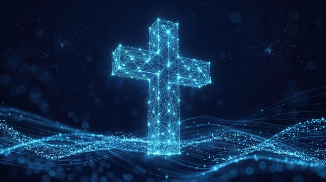 Celestial digital cross with vibrant glowing particles and abstract waves.