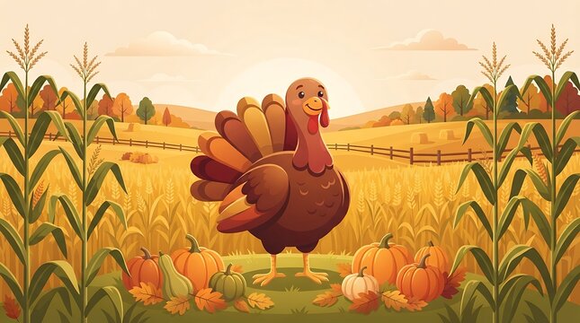 A festive thanksgiving scene a turkey amidst corn and autumnal colors celebrating gratitude and family