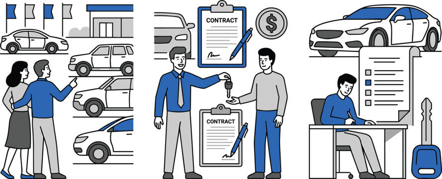 Car Dealership Purchase Process Vector Set Showing Couple Selecting Automobile Signing Sales Contract Documents and Exchanging Vehicle Keys Line Art