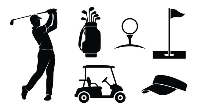 Golf sport equipment and activity set featuring golfer swinging club, golf bag, ball on tee, hole with flag, and visor hat cap