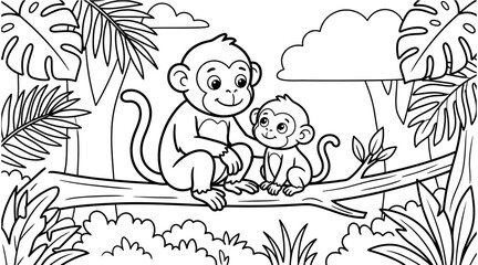 Fototapeta premium Cute Monkey Family in the Jungle – Adorable Parent and Baby Monkey Coloring Page