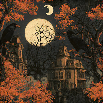 Haunted mansion with crows perched on branches under full moon and autumn orange leaves creating spooky Halloween night scene