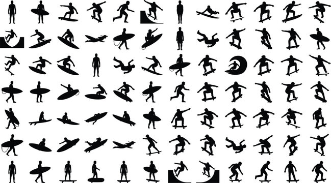 Extreme sports figures mega set featuring skateboarding and surfing athletes doing active tricks vector illustration