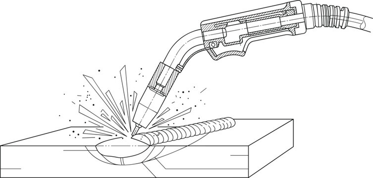 Industrial MIG Welding Torch Performing Metal Joint Welding Line Art Vector Illustration