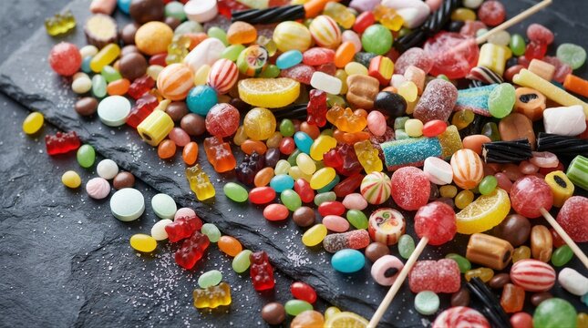 Assorted colorful candies scattered across dark surface