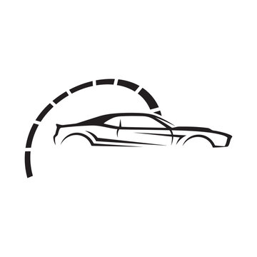 Minimalist sports car silhouette logo with dashed line