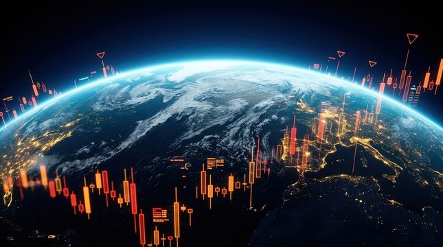 Deep space colors and futuristic satellite view of Earth featuring digital market signals.