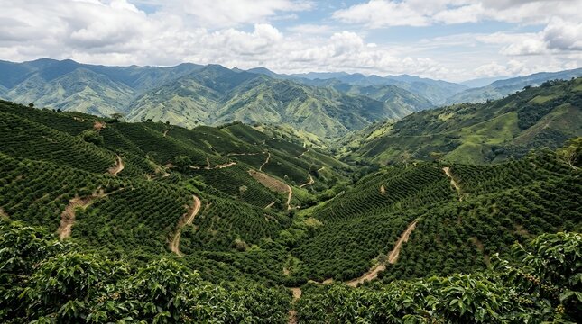 Lush Green Coffee Plantation Terraces on Mountain Slopes under a Cloudy Sky with Scenic Winding Dirt Roads and Hills