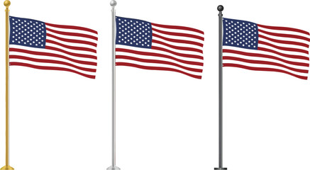 Obraz premium Three american flags waving on gold silver and black poles representing pride and national celebration day