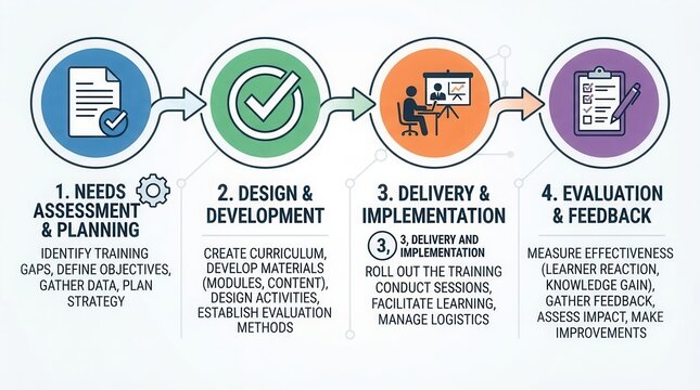 Effective Workforce Learning and Development: Comprehensive Training Process Framework Infographic from Needs showing assessment planning