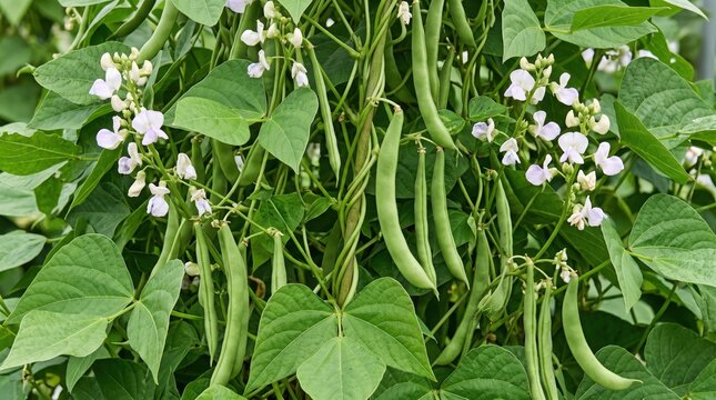 Green bean plant with lush foliage, dangling pods, and clusters of small white flowers growing on a vine in a garden setting