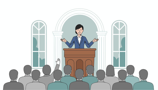 Woman speaks from a large wooden podium to a seated audience with a raised hand representing active participation and public discussions.