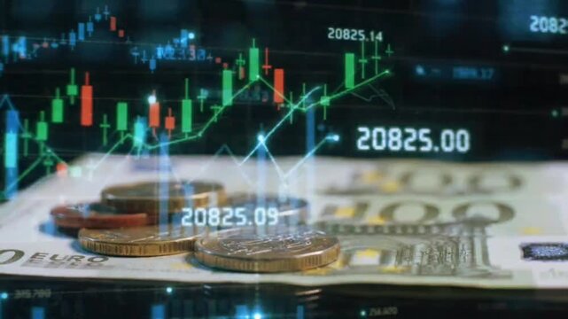Digital candlestick graph overlays glowing green and red trends onto pile of euro cash currency coins and banknotes representing global stock market volatility.