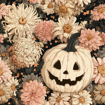 Halloween pumpkin with smiling face surrounded by elegant cream and pink flowers and small orange stars pattern
