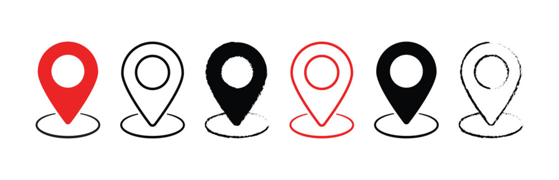 Red and black location map pin icons set with line art and filled pointers standing on circular bases for navigation layout design. vector illustration