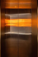 Closed elevator doors reflecting orange sunset light © IbragimovN