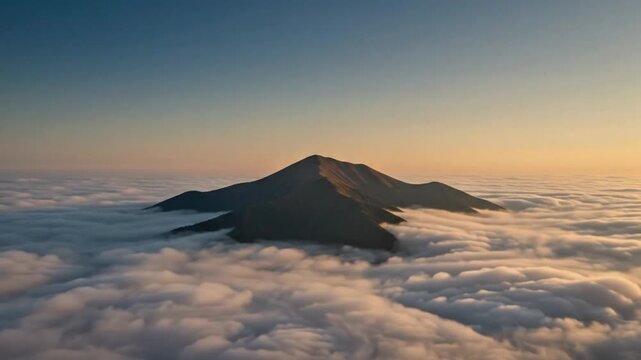 A mountain peak rises above a sea of clouds as warm sunlight paints the sky at sunrise.