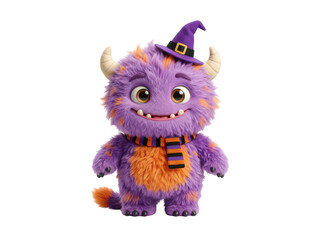 Fototapeta premium Cute fuzzy purple monster wearing a halloween witch hat and scarf