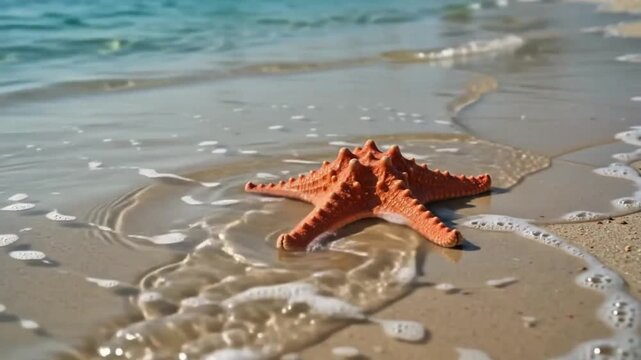 An orange starfish rests on a sandy beach shoreline as gentle turquoise waves wash in.