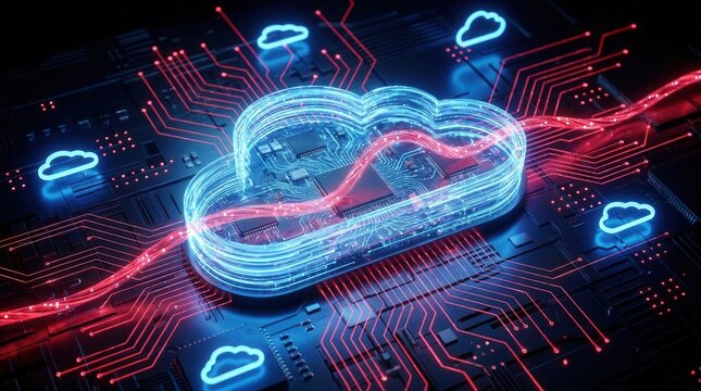 Glowing blue clouds interconnected by data streams with red cloud symbolizing security computing network concept. connected
