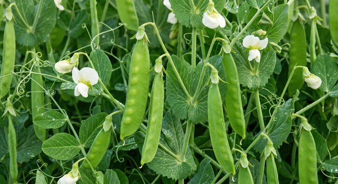 Green pea plants with elongated pods and white flowers growing in a garden, close-up view of fresh vegetable foliage and climbing vines in a field