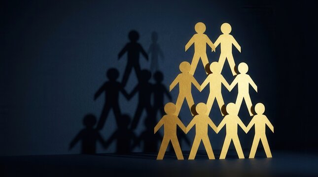 Golden paper people arranged in a pyramid to symbolize unity, teamwork, and business success.