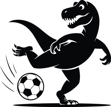 Cartoon trex dinosaur character playing soccer with a ball