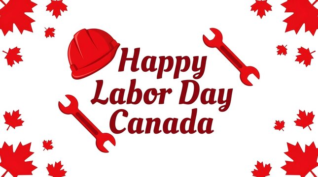 Happy Labor Day Canada greeting card with red hard hat, wrenches and maple leaves
