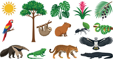 Naklejka premium Tropical Rainforest Wildlife and Botanical Collection with Parrot, Sloth, Capybara, Jaguar, Crocodile, Anteater, Iguana, Snake, and Plants