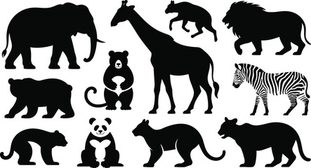 Naklejka premium Set of various wild animal silhouettes including elephant, giraffe, lion, zebra, and bear