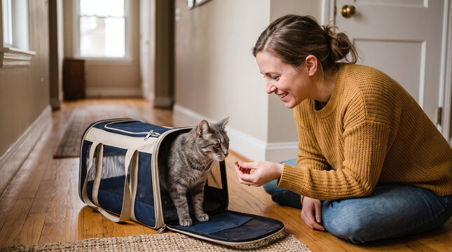Happy woman coaxing her grey tabby cat into a travel carrier with a treat.