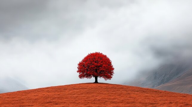 A single red tree stands on a hill with orange grass, surrounded by mist and mountains in the background.