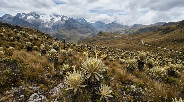 Stunning Paramo Ecosystem with Frailejones Plants and Snow Covered Mountain Peaks in the High Altitude Andes Region