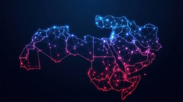 Interconnected points of light form a glowing digital map of the Middle East and North Africa.