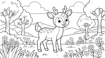 Fototapeta premium Adorable Baby Deer in a Flower-Filled Forest Meadow – Cute Animal Coloring Page