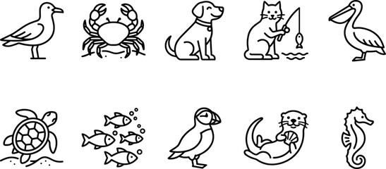 Obraz premium Coastal wildlife and pet vector icon set featuring seagull crab dog cat fishing pelican turtle fish puffin otter seahorse outline lineart