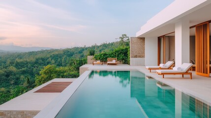Fototapeta premium Modern villa with infinity pool overlooking lush green hills and forest, featuring lounge chairs and serene outdoor ambiance.