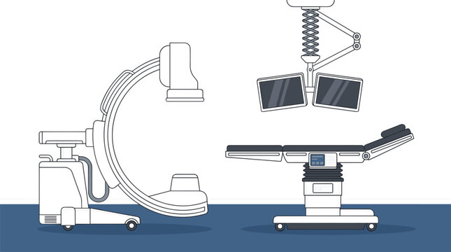 Medical C-Arm Imaging System Icon Set with Operating Table and Ceiling Mounted Digital Monitors for Hospital Radiology Departments and Surgical Procedure Visuals