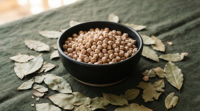 Minimalist black bowl with dried chickpeas and bay leaves on dark fabric A filled