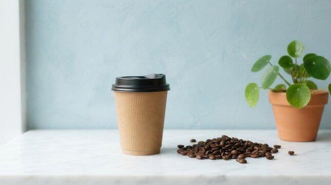 Minimalist coffee cup with black lid beside roasted beans and green leaves Disposable paper standing