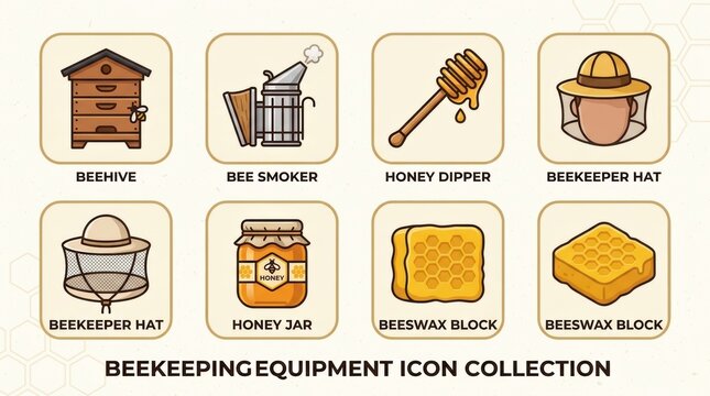 Set of hand drawn beekeeping equipment icons including beehive honey dipper jar and protective clothing for professional apiary work