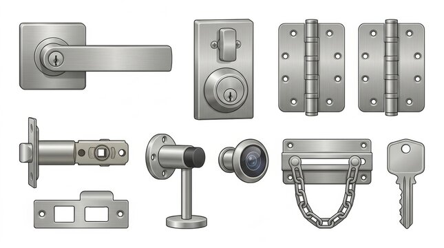 A collection of various brushed metal door hardware components including handles hinges locks and security accessories on white background