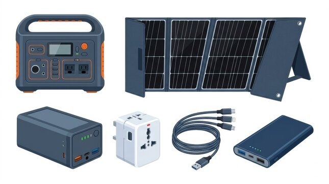 Portable solar power generator kit with folding solar panel battery pack charging cables and universal travel adapter isolated on white